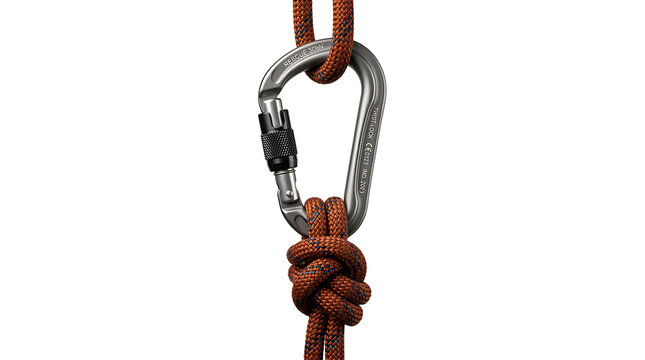 Rope tied with a knot and carabiner clipping