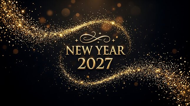 Elegant new year 2027 gold glitter background with glowing sparkles and decorative swirl elements.