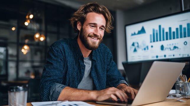 smiling entrepreneur checking metrics