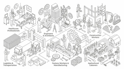 Obraz premium Isometric line art illustration depicting various industries and professions including healthcare, engineering, construction, logistics, manufacturing, and agriculture.