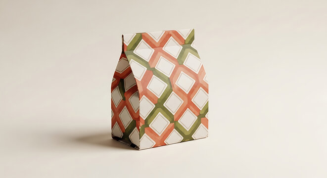 Small paper bag with watercolor lattice tile pattern in green and orange