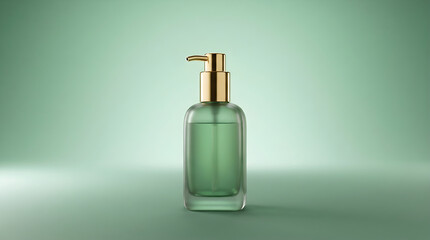 Naklejka premium Luxury green glass cosmetic pump bottle with gold cap, soap or lotion dispenser mockup on green background.