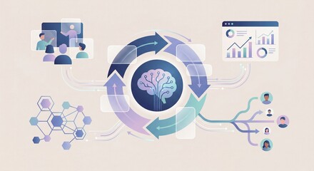 Fototapeta premium Conceptual diagram illustrating artificial intelligence and machine learning process with interconnected data brain icon human avatars and analytics dashboard representing innovation