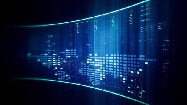 Global financial data visualization, stock market analytics, world map with rising growth chart, big data technology, digital economy, fintech trading interface, futuristic business background