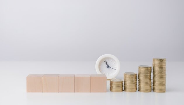 Growing stacks of coins with clock and wooden blocks on white background, time and money investment concept