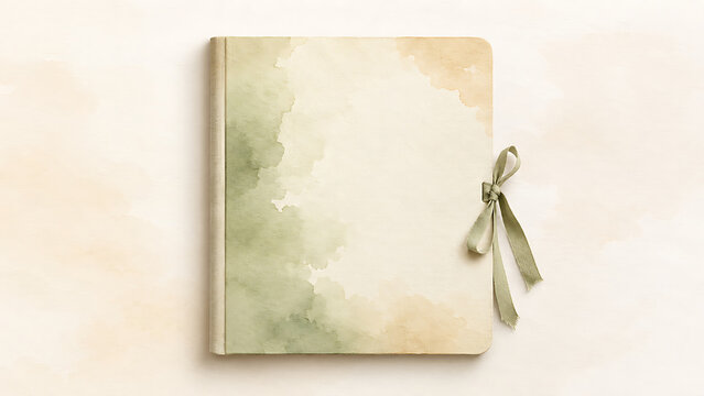 Closed journal with sage green watercolor wash and tied ribbon closure