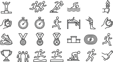 Fototapeta premium Running and Athletics Line Icon Set Featuring Track Field Sprinting Trophy Medals and Sports Symbols
