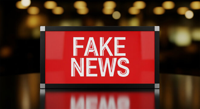 Fake news red sign on studio desk, misinformation and propaganda concept, digital media disinformation alert in television studio