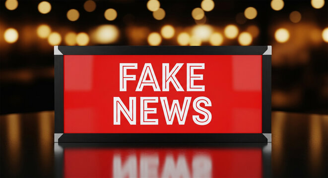 Fake news red lightbox sign, misinformation and propaganda concept, illuminated media broadcast display with bokeh background