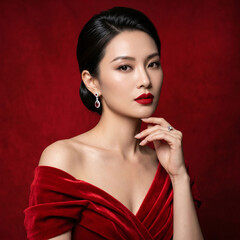 Fototapeta premium Studio beauty portrait of an elegant woman wearing a gown, bold red lipstick, and luxury jewelry against a rich red velvet backdrop.