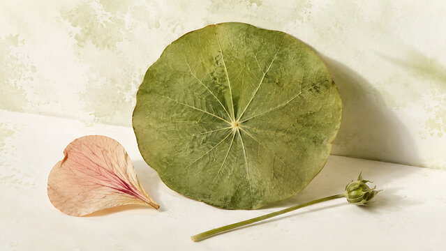 Round green nasturtium leaf, pink petal, and flower bud on textured background