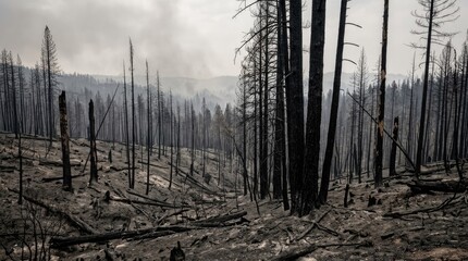 Obraz premium Forest after wildfire with burned trees and smoke in the sky in a mountainous area during the daytime in a recent disaster