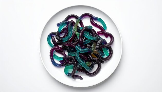 Vibrant blueberry infused gummy worms artistically coiled on a stark white plate