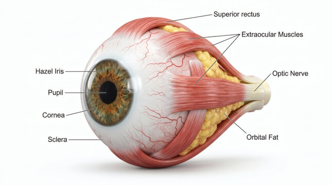 Anatomical 3D model of human eyeball with muscles and nerves