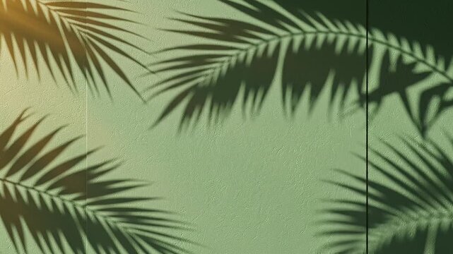 Vertical footage of palm leaf shadows dancing on a vibrant sage green wall, warm morning sunlight creating organic tropical patterns