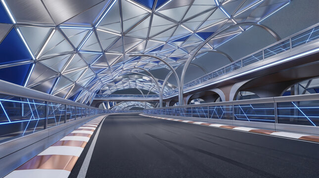 Futuristic racetrack with metallic geometric roof structure and glowing blue led generated using ai
