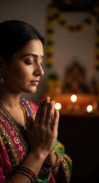 Indian Woman Praying in Traditional Attire During Religious Ceremony