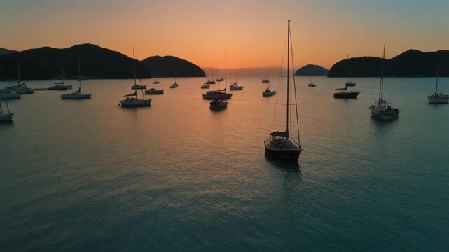 Sunset over Sukuji emerald Ishigaki bay with anchored sailboats