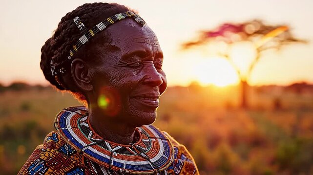 Portrait of a serene African woman wearing traditional beaded jewelry at sunset in nature