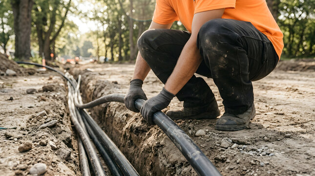 Construction worker laying underground fiber optic cables in a trench.