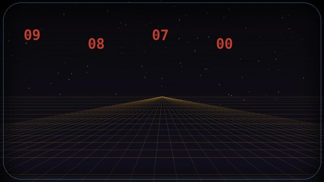 Retro digital time up message over glowing wireframe grid. Classic Arcade Time Up Failure Screen With Flashing Red Pixel Text.