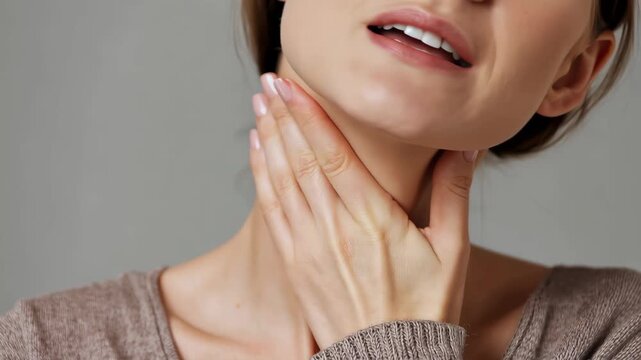 Woman touches her throat while looking at the camera in a simple setting during daylight hours