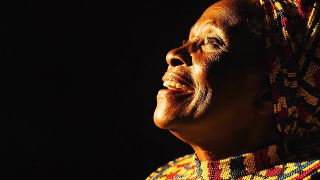 Portrait of a happy African woman in traditional beaded clothing looking upwards with warm light on her face