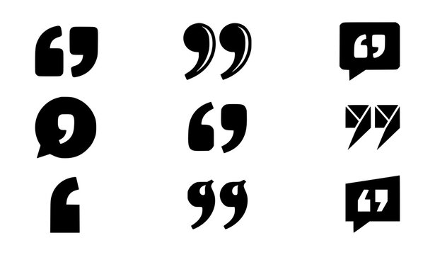 Bold black quote mark silhouette icons collection featuring solid inverted commas and speech citation signs for graphic typography