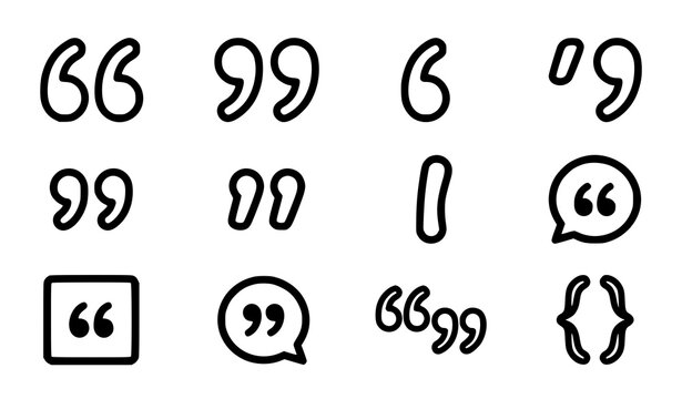 Black quote icons line art set with minimalist speech marks inverted commas and dialogue quotation outline symbols for text block