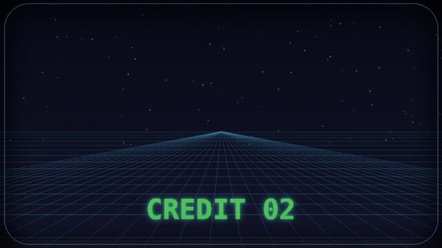 Retro arcade interface with digital grid landscape and credit counter. Vintage Arcade Credit 02 Idle Screen With Drifting Pixel Stars.