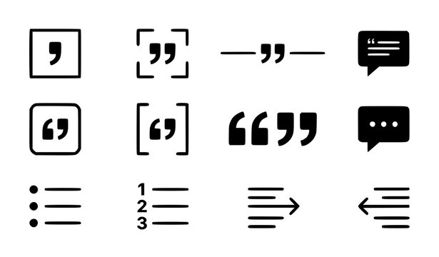 Professional text quotation marks flat vector icons set with modern speech brackets and corporate testimonial citation frames