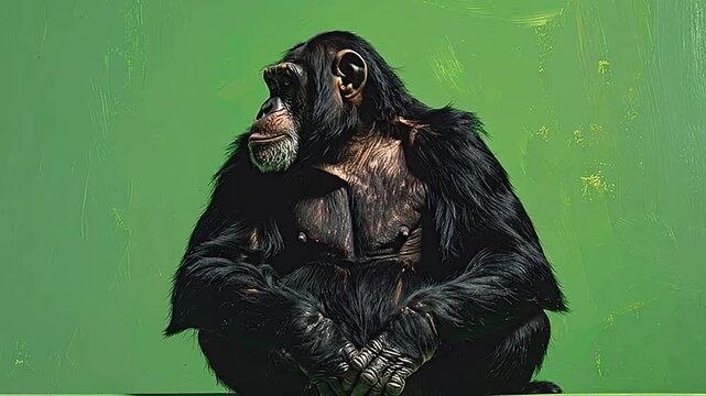 A portrait of a chimpanzee sitting against a green background