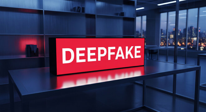 Deepfake warning sign on office desk, artificial intelligence misinformation concept, red glowing lightbox in dark modern workspace