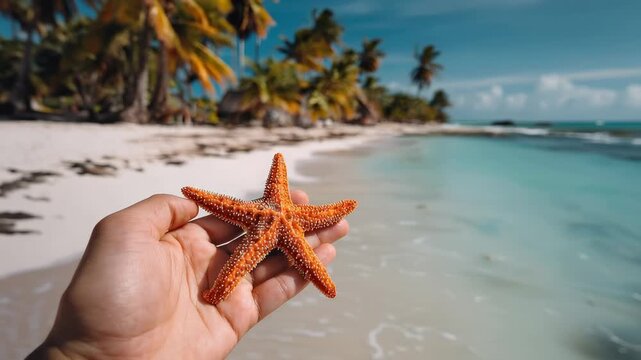 Holding a starfish at the beach near shallow water on a sunny day with palm trees in the background and clear sky above