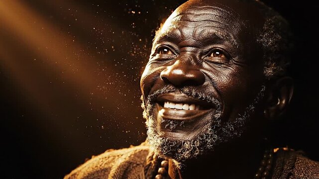 Portrait of an elderly African man with a beard looking up with warm light highlighting his face and expression