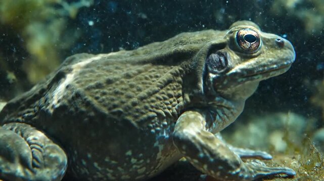 Detailed close-up portrait of a large toad with textured skin and observant eyes submerged in murky water.
