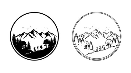 Mountain landscape with hikers black and white circular silhouette design © Fariaislam