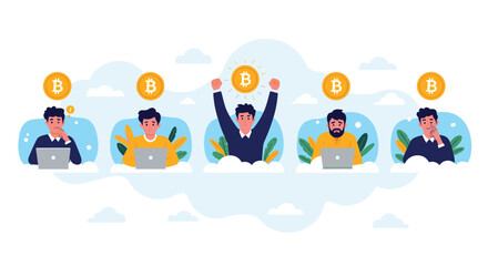 Fototapeta premium Diverse group of people working on laptops with large bitcoin symbols floating above their heads in the clouds.