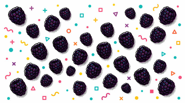 Decorative pattern of blackberries with colorful confetti shapes on a white background.
