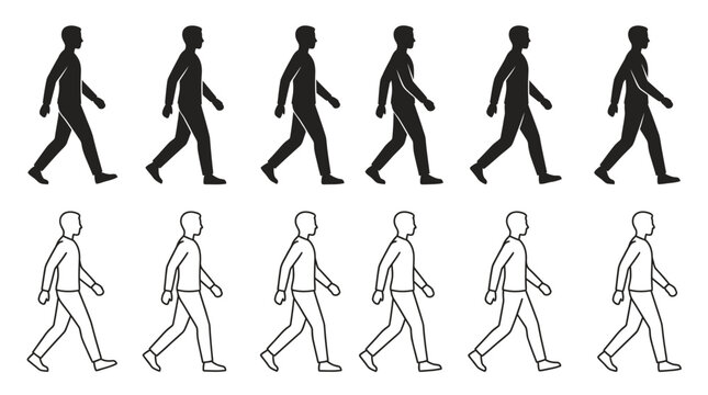 Walking human silhouettes in a cycle black line art on white background