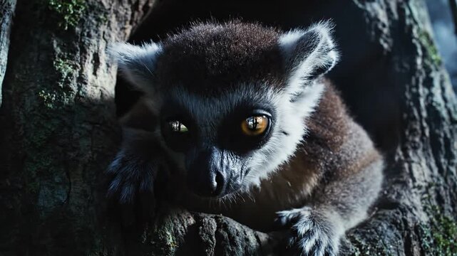 Close-up portrait of a cute ring-tailed lemur peeking from a tree hollow in a lush forest