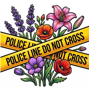 Police line do not cross tape with vibrant floral bouquet illustration, crime scene investigation aesthetic graphic, yellow caution tape with lilies and poppies, isolated on white background, dark aca