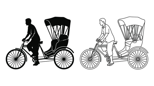 Rickshaw Silhouette And Line Drawing On White Background