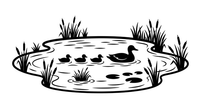 Duck family in pond black and white vector illustration with transparent background