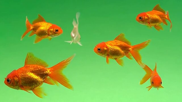 A group of vibrant orange fish swimming in clear green water