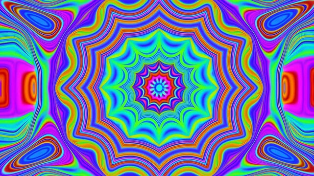 Vibrant kaleidoscope patterns pulsating with hypnotic energy and psychedelic colors