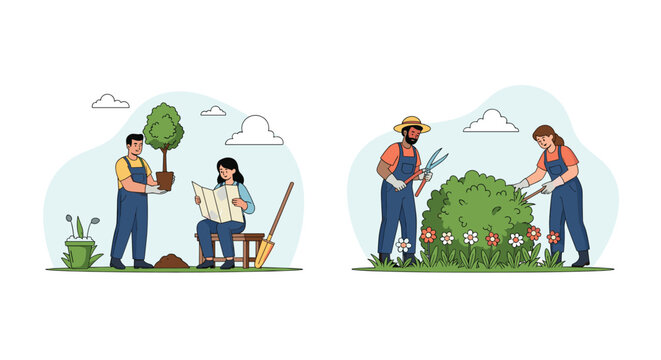 Group of diverse people working in a garden planting trees and pruning bushes as part of a community environmental activity.