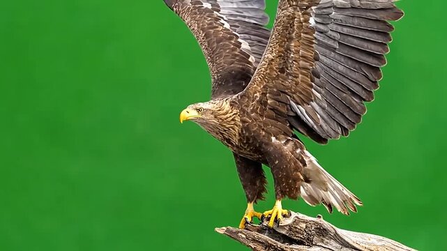 A majestic eagle perches on a branch with wings spread wide