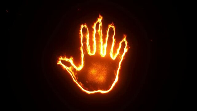 Static shot of flaming handprint pulsating and flickering with slight rotation centered on black background in isolated studio setting