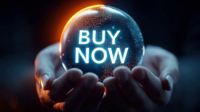 Hand holding a crystal ball with the words buy now glowing in bright letters representing e-commerce or online shopping trends in a dark setting